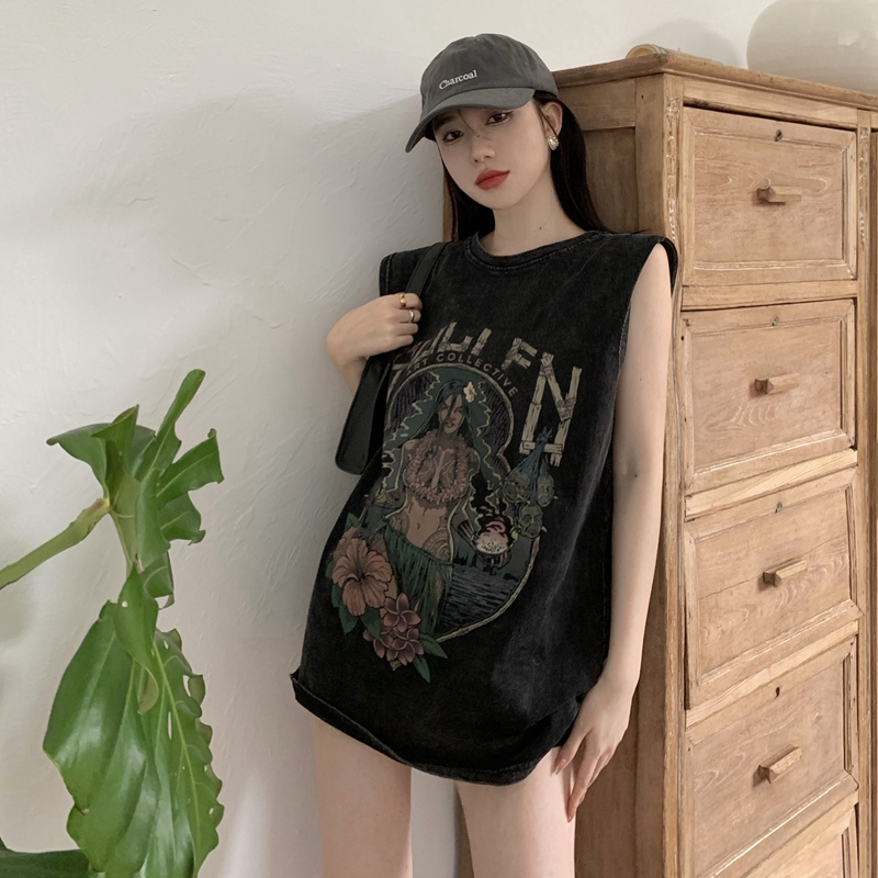 Áo Thun Đen Sát Nách Dáng Rộng Phong Cách vintage Mỹ Cá Tính Cho Nữ