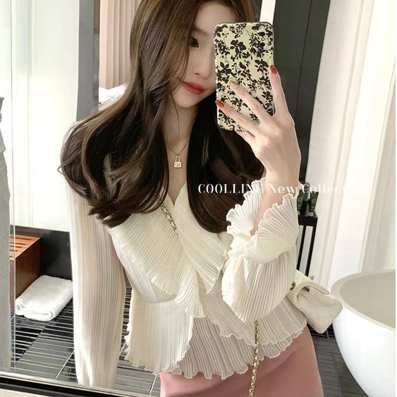 Thời trang hàn quốc phụ nữ mỏng 3/4 tay áo xếp ly v cổ áo