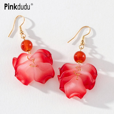 Khuyên tai Pinkdudu PD725 hợp kim kiểu hoa phối tua rua màu đỏ thời trang cho nữ