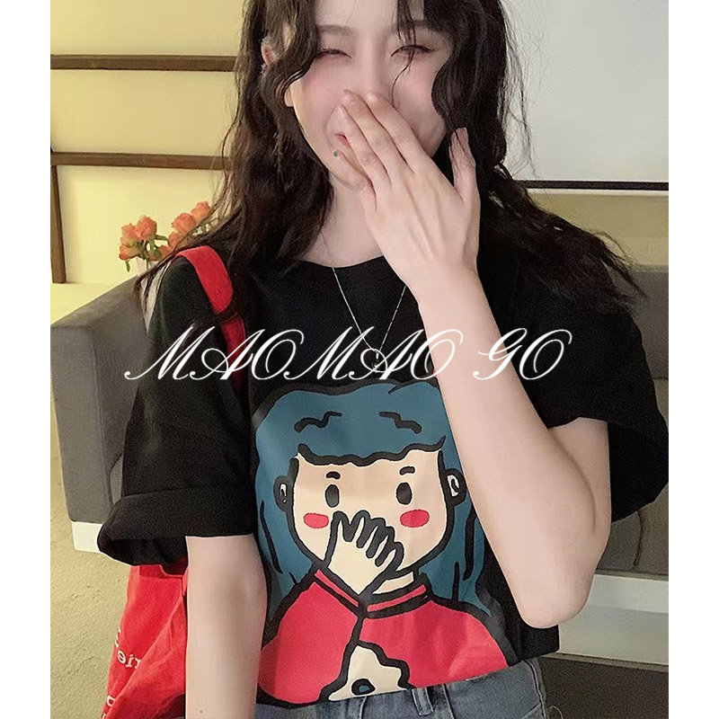 Maomao GO Áo Sơ Mi Ngắn Tay Dáng Rộng Họa Tiết Cô Gái Miệng Rộng Cao Cấp Thời Trang Cho Nữ