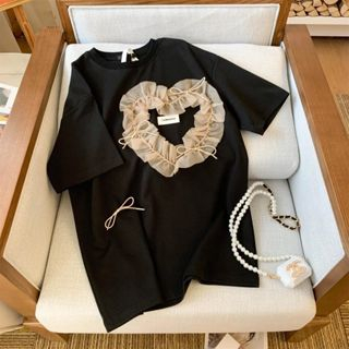 Áo Thun Cotton Tay Ngắn Dáng Rộng Phối Ren Họa Tiết Trái Tim Phong Cách Hàn Quốc Thời Trang Mùa Hè Cho
