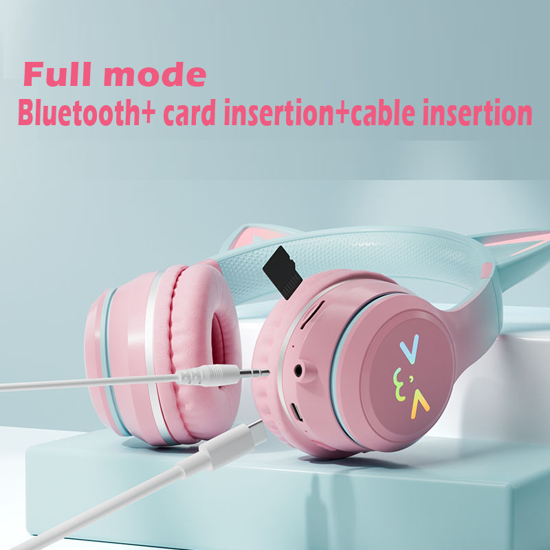 Tai Nghe Bluetooth Không Dây Hình Tai Mèo Hỗ Trợ Thẻ Nhớ TF
