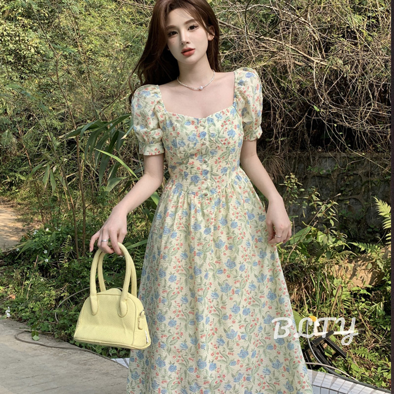 BLTY Đầm Công Chúa Dáng Ôm Tay Phồng Cổ Vuông Họa Tiết Hoa Thời Trang Mùa Hè