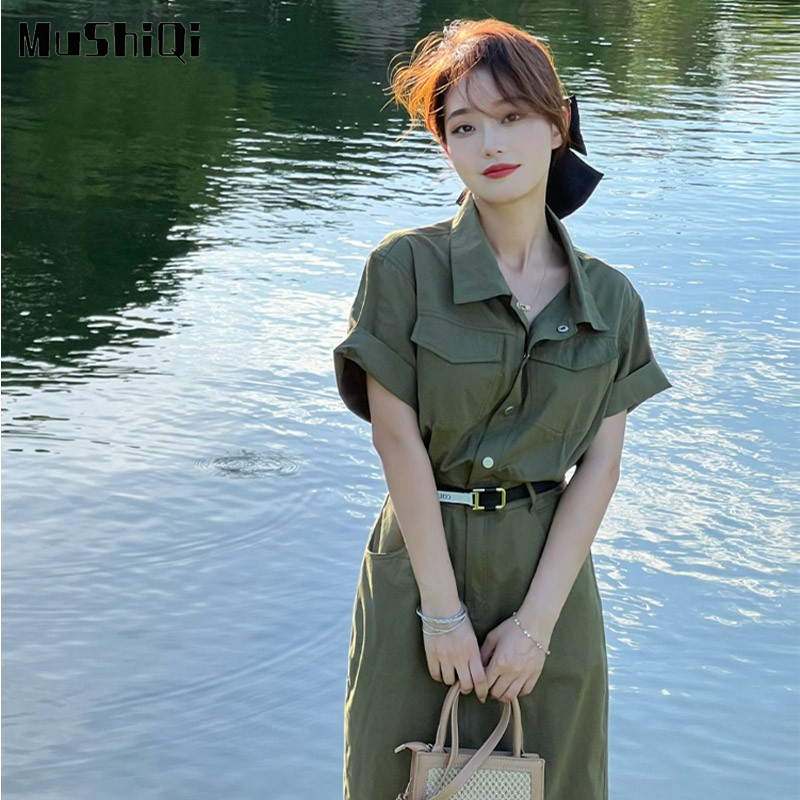 Đầm denim Cổ polo Phong Cách Pháp Thời Trang Mùa Hè Cho Nữ
