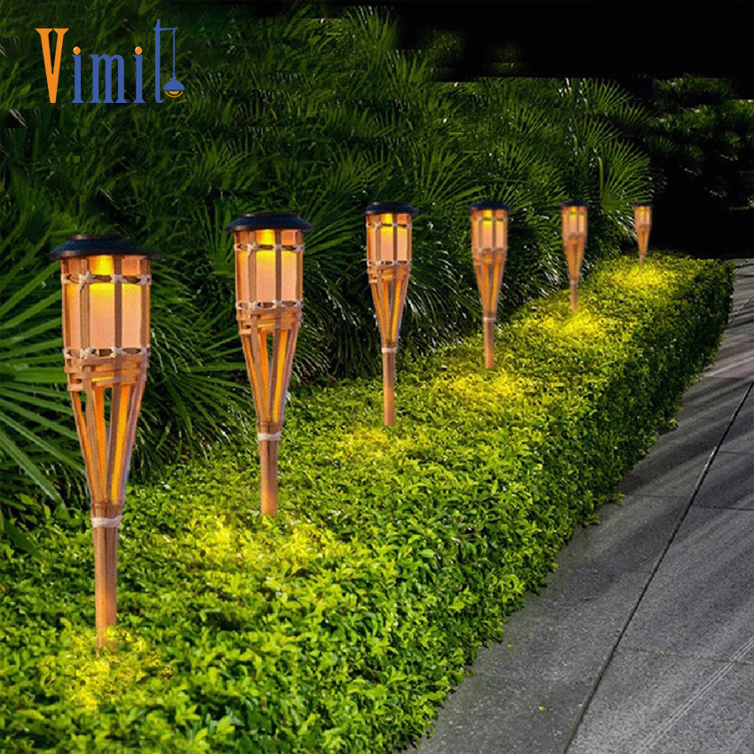 【Miễn phí vận chuyển】Vimite Led năng lượng mặt trời tre ngọn đuốc ngọn lửa ánh sáng ngoài trời không thấm nước tự động cảm biến nhấp nháy cỏ vườn ánh sáng cho nhà hàng rào đường dẫn