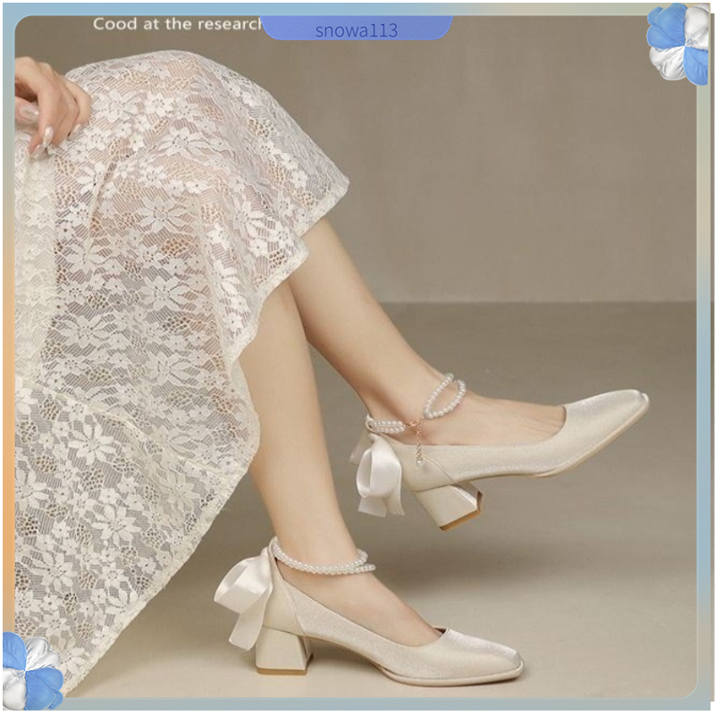 Mini Giay Giày Cao Gót Nữ Thời Trang Sang Trọng Nơ Quadrate Toe Áo Cưới Cho Tiệc Hàng Ngày