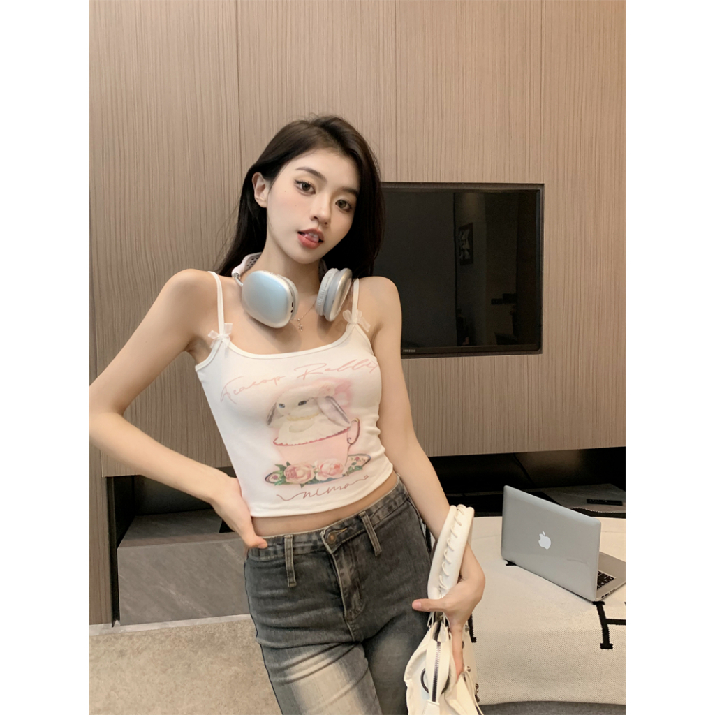 Áo Croptop Sát Nách Dáng Ôm In Họa Tiết Thỏ Thời Trang Xinh Xắn Cho Nữ