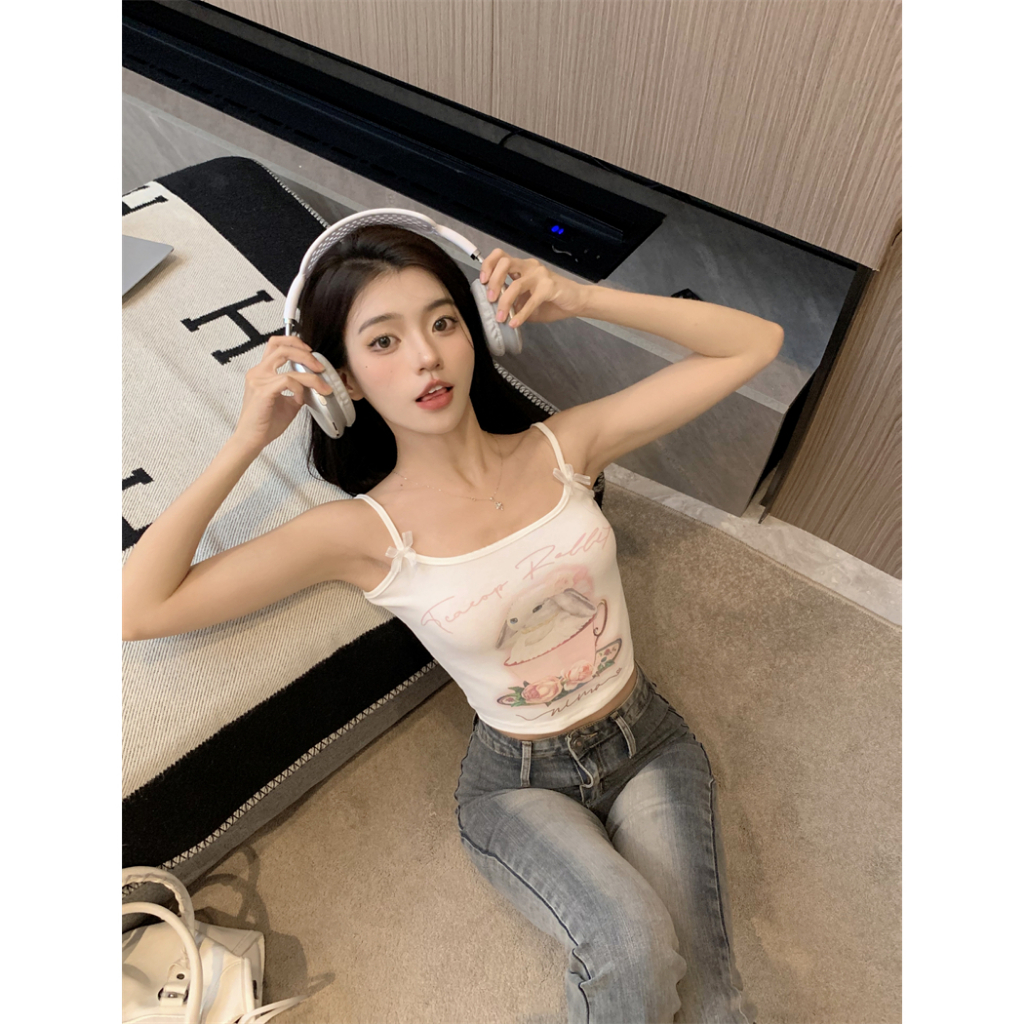 Áo Croptop Sát Nách Dáng Ôm In Họa Tiết Thỏ Thời Trang Xinh Xắn Cho Nữ