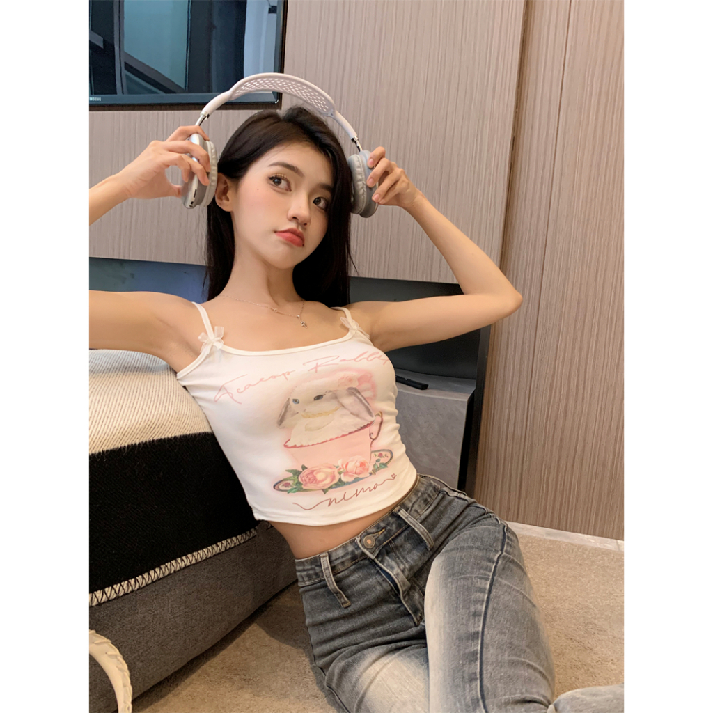 Áo Croptop Sát Nách Dáng Ôm In Họa Tiết Thỏ Thời Trang Xinh Xắn Cho Nữ