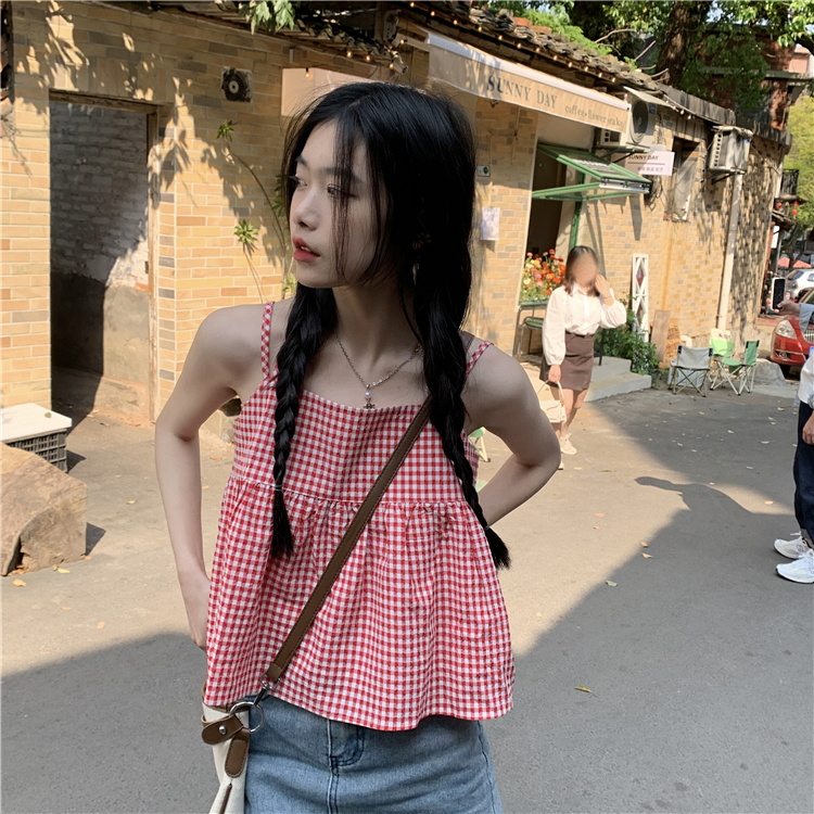 Porozi   Áo Hai Dây Họa Tiết Sọc Caro Ngọt Ngào Thời Trang Mùa Hè Theo Phong Cách Hàn Quốc