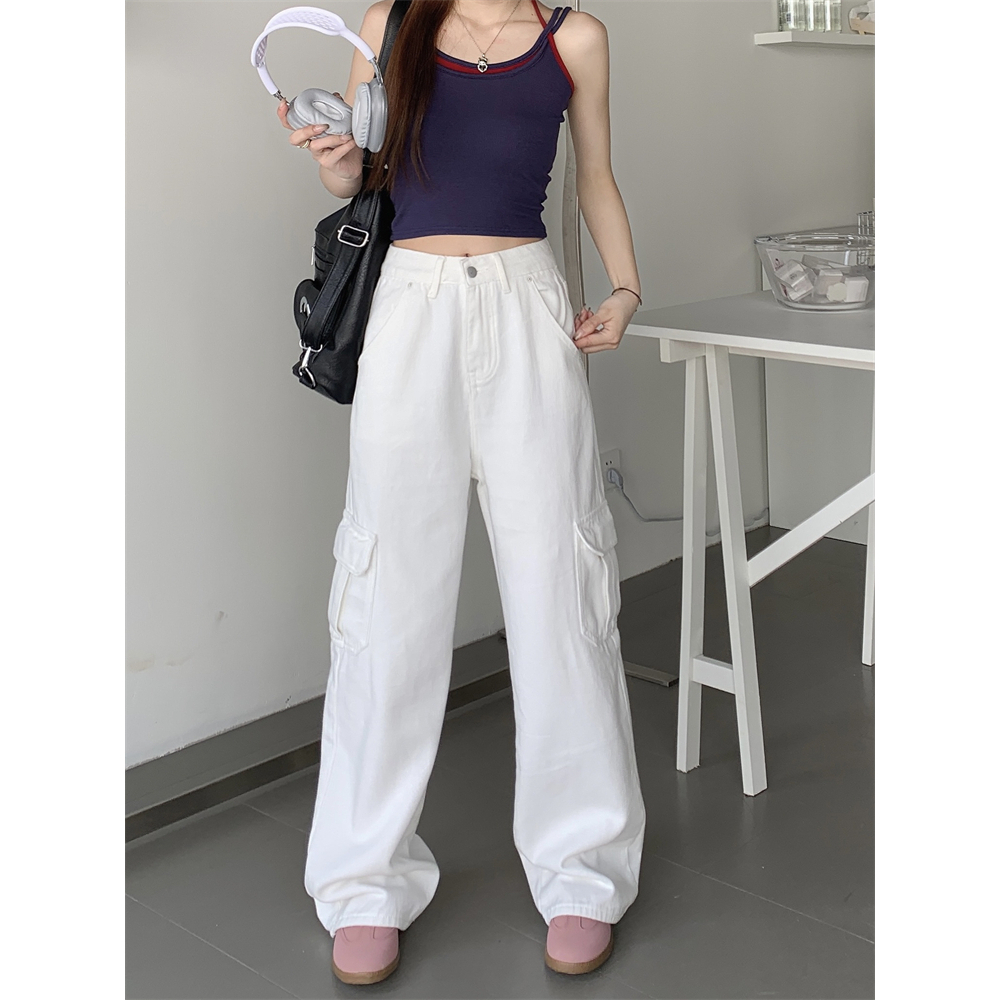Quần Jean Dài Lưng Cao Ống Rộng Phối Túi Phong Cách vintage Mỹ Cá Tính Cho Nữ