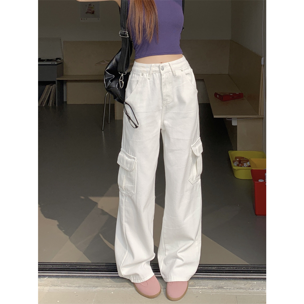 Quần Jean Dài Lưng Cao Ống Rộng Phối Túi Phong Cách vintage Mỹ Cá Tính Cho Nữ