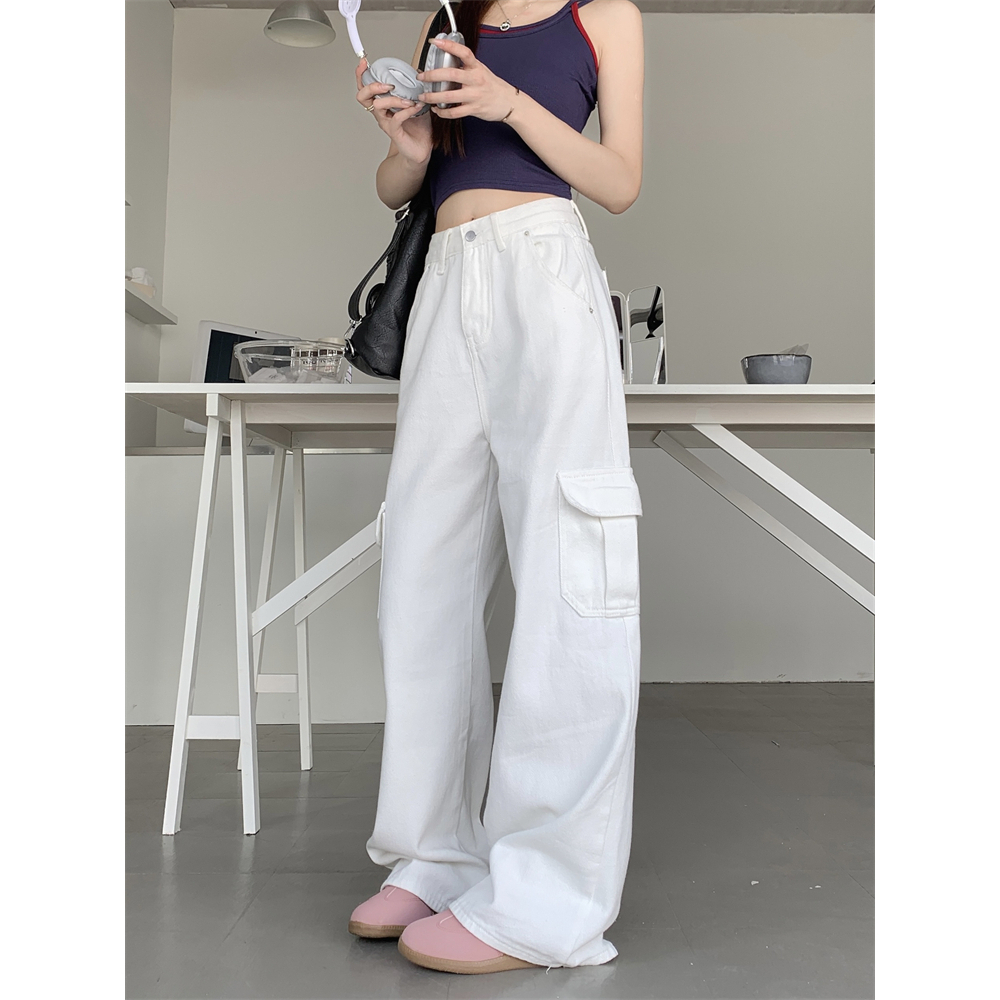 Quần Jean Dài Lưng Cao Ống Rộng Phối Túi Phong Cách vintage Mỹ Cá Tính Cho Nữ