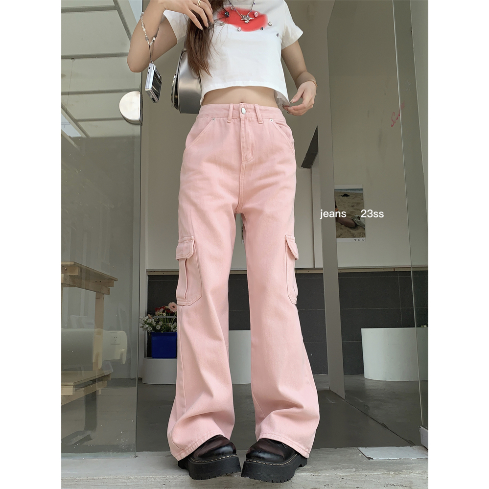 Quần Jean Dài Lưng Cao Ống Rộng Phối Túi Phong Cách vintage Mỹ Cá Tính Cho Nữ