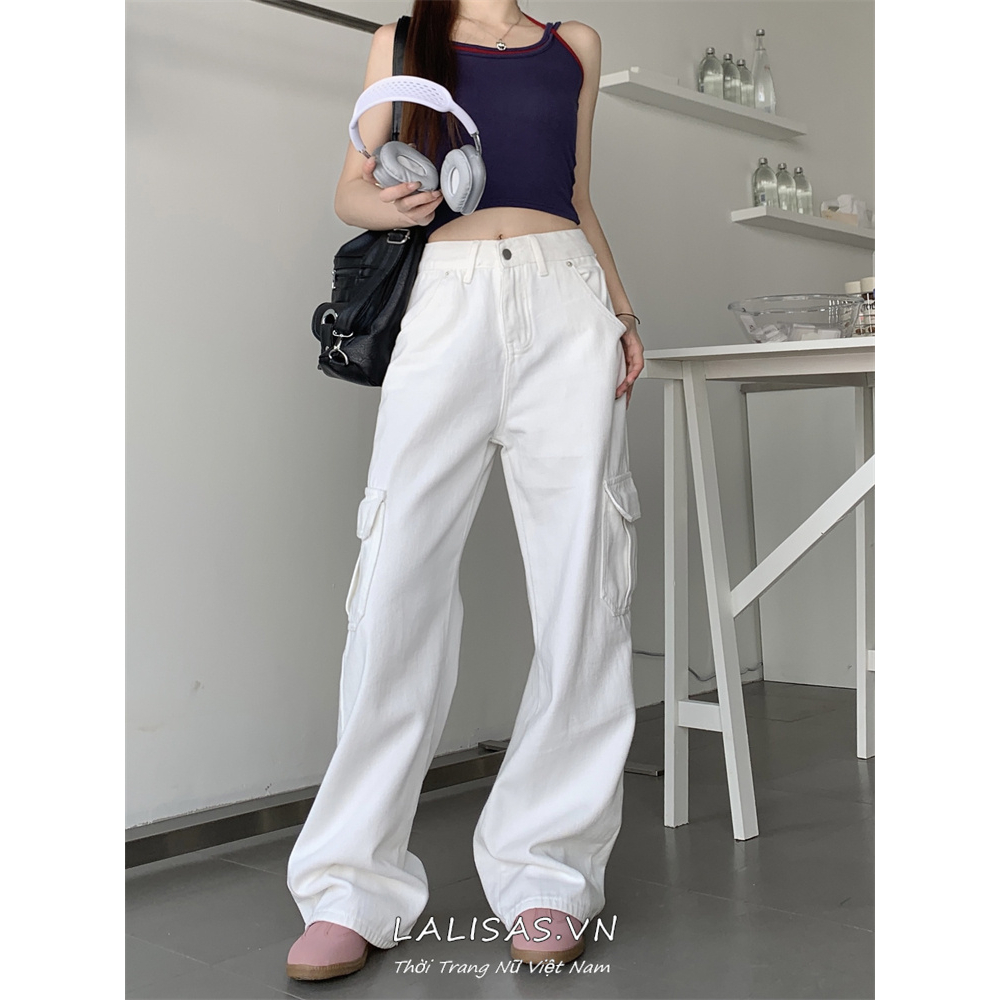 Quần Jean Dài Lưng Cao Ống Rộng Phối Túi Phong Cách vintage Mỹ Cá Tính Cho Nữ