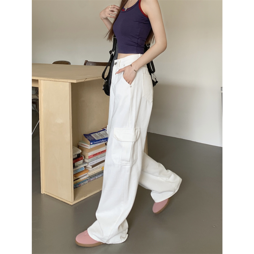 Quần Jean Dài Lưng Cao Ống Rộng Phối Túi Phong Cách vintage Mỹ Cá Tính Cho Nữ