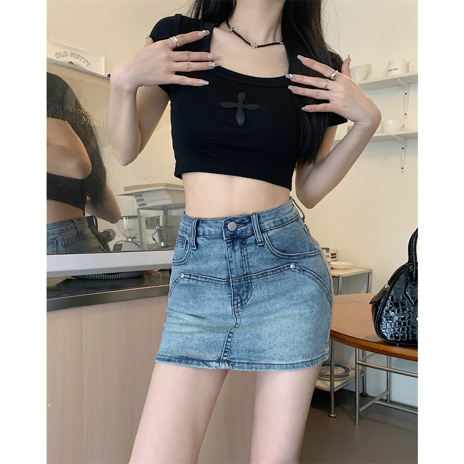 Lalisas Chân váy jean Dáng Chữ A Lưng Cao Co Giãn Phong Cách Retro Mỹ Thường Ngày Cho Nữ