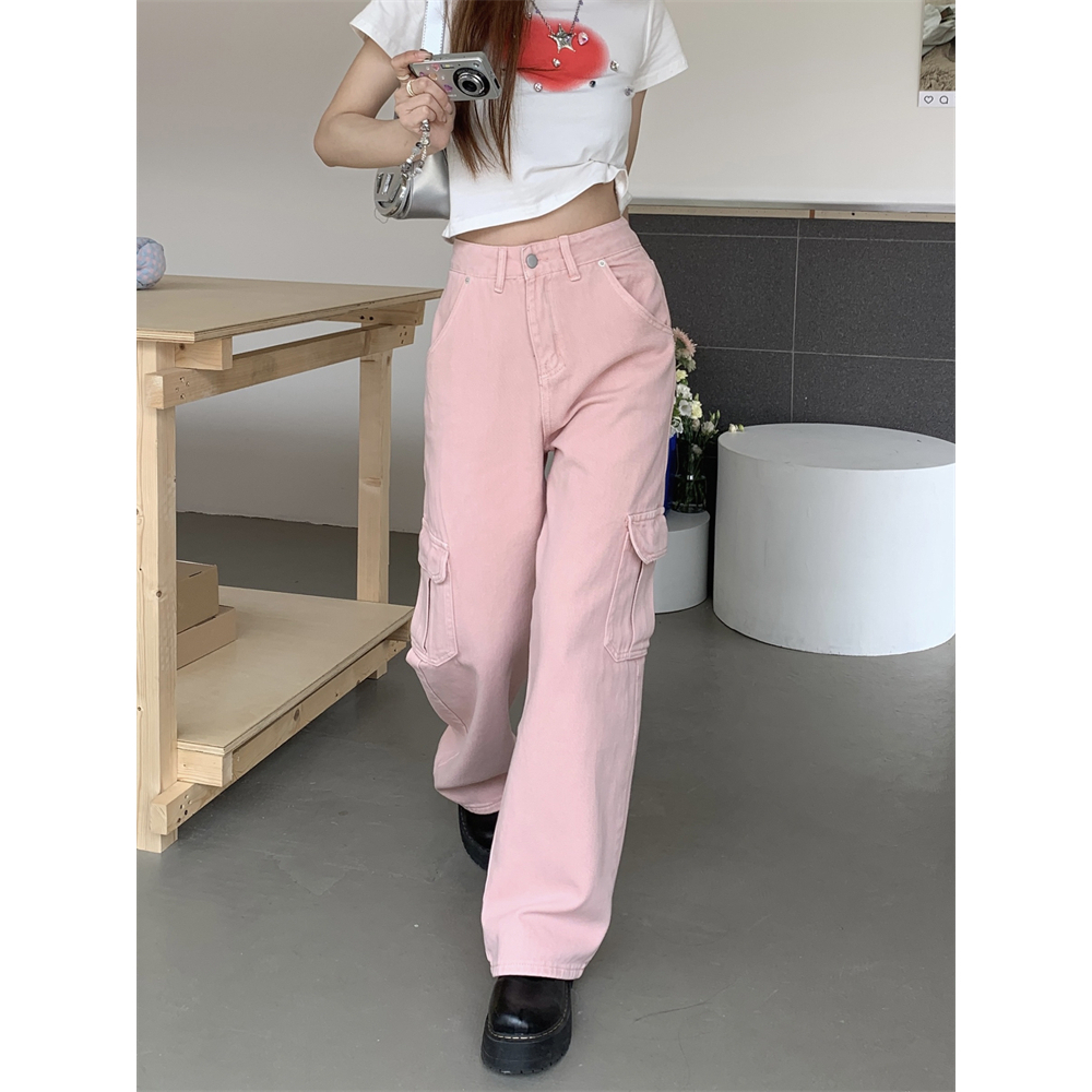 Quần Jean Dài Lưng Cao Ống Rộng Phối Túi Phong Cách vintage Mỹ Cá Tính Cho Nữ