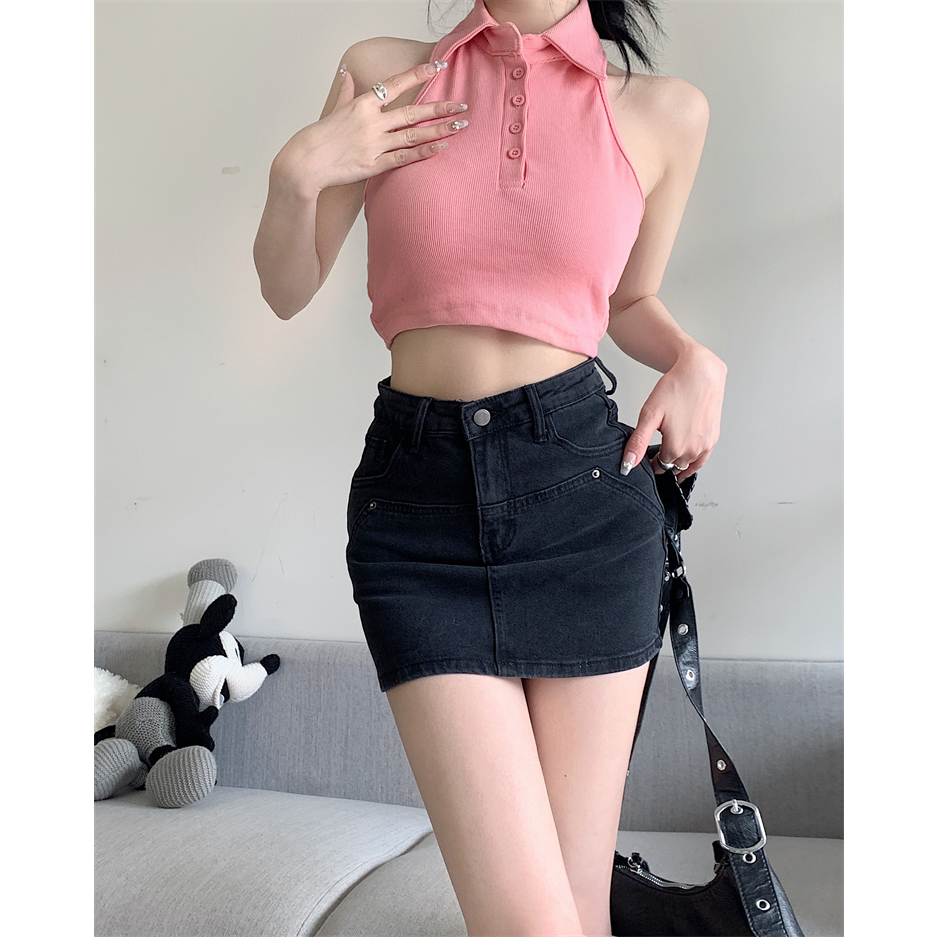 Lalisas Chân váy jean Dáng Chữ A Lưng Cao Co Giãn Phong Cách Retro Mỹ Thường Ngày Cho Nữ