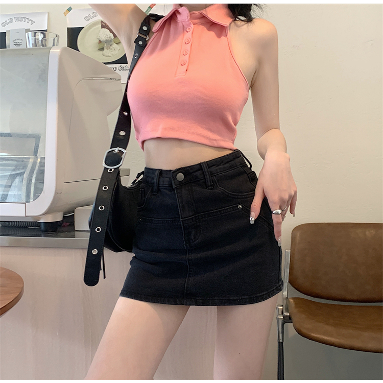 Lalisas Chân váy jean Dáng Chữ A Lưng Cao Co Giãn Phong Cách Retro Mỹ Thường Ngày Cho Nữ