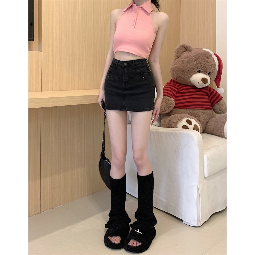 Lalisas Chân váy jean Dáng Chữ A Lưng Cao Co Giãn Phong Cách Retro Mỹ Thường Ngày Cho Nữ