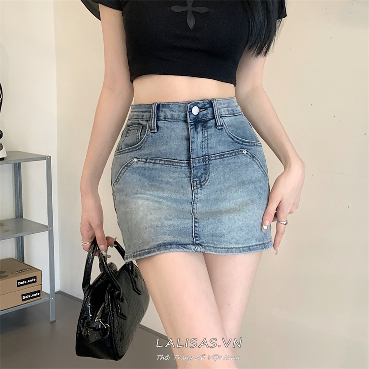 Lalisas Chân váy jean Dáng Chữ A Lưng Cao Co Giãn Phong Cách Retro Mỹ Thường Ngày Cho Nữ