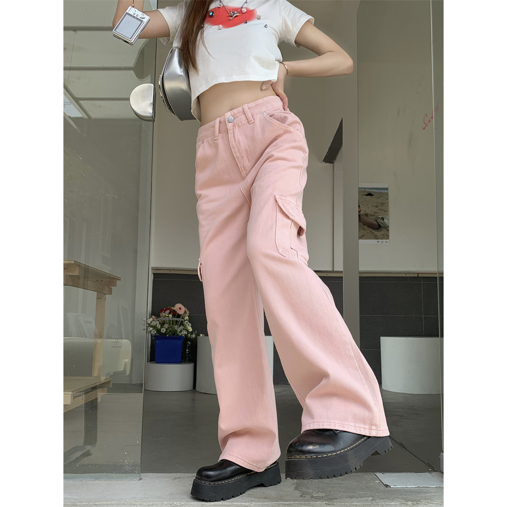 Quần Jean Dài Lưng Cao Ống Rộng Phối Túi Phong Cách vintage Mỹ Cá Tính Cho Nữ