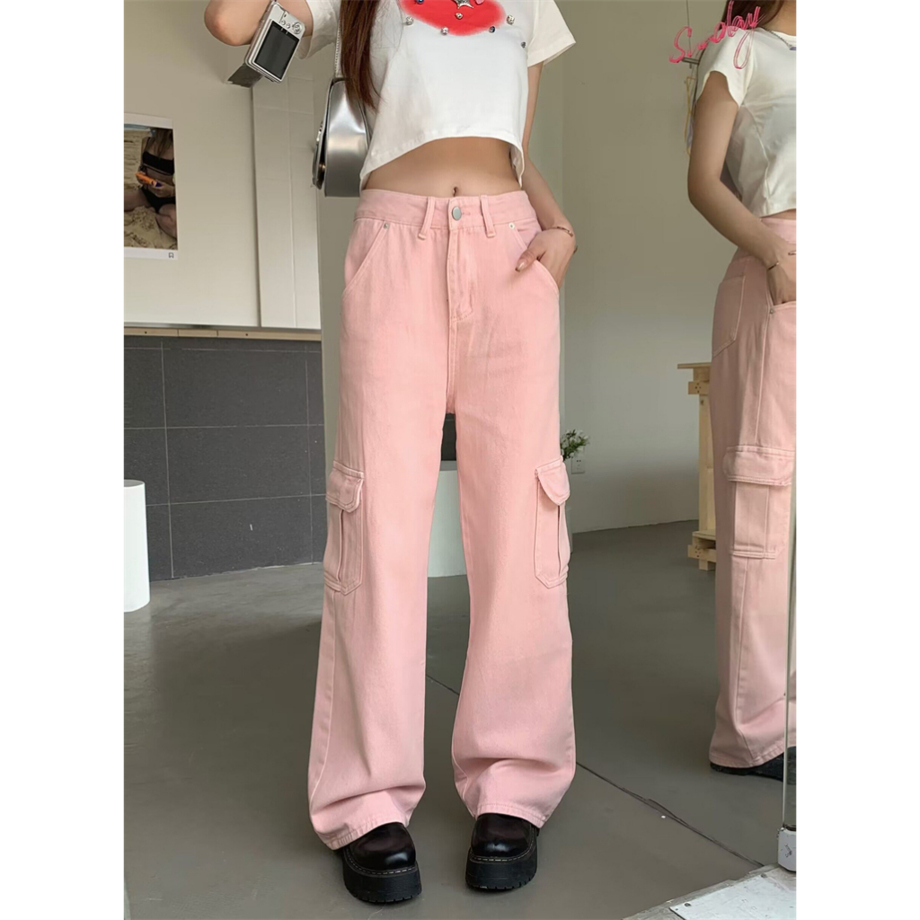 Quần Jean Dài Lưng Cao Ống Rộng Phối Túi Phong Cách vintage Mỹ Cá Tính Cho Nữ