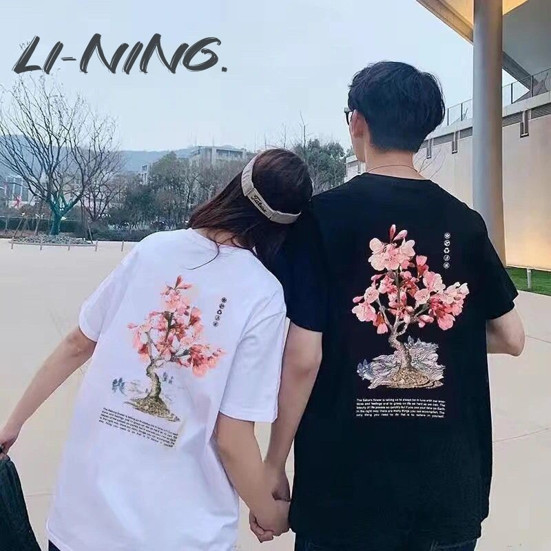 Li-ning Áo Thun Cotton Tay Ngắn Dáng Rộng In Hình Hoa Anh Đào Màu Hồng Thời Trang Mùa Hè 2023 Cho Cặp Đôi