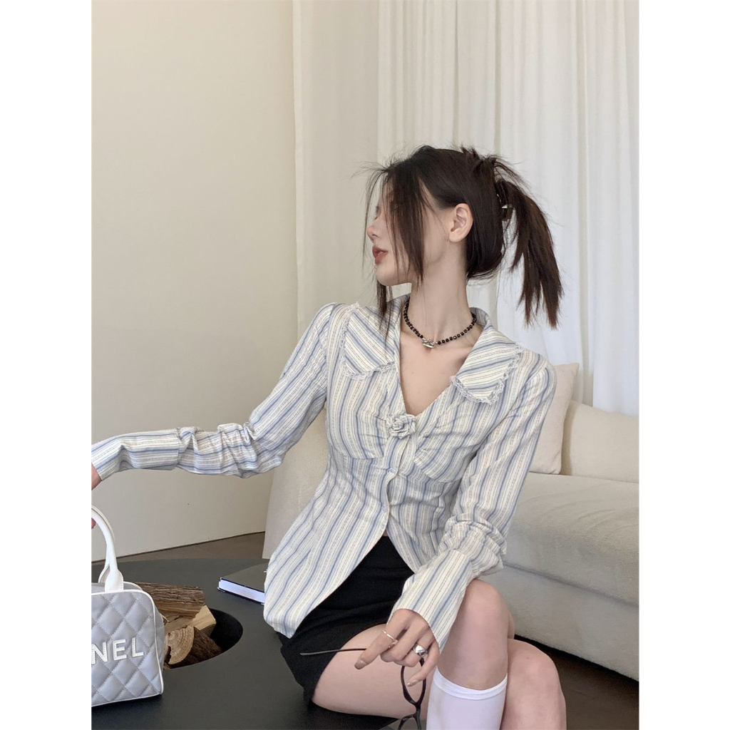 Lalisas Áo Sơ Mi Dài Tay Cổ Bẻ Họa Tiết Sọc Thời Trang Dành Cho Nữ