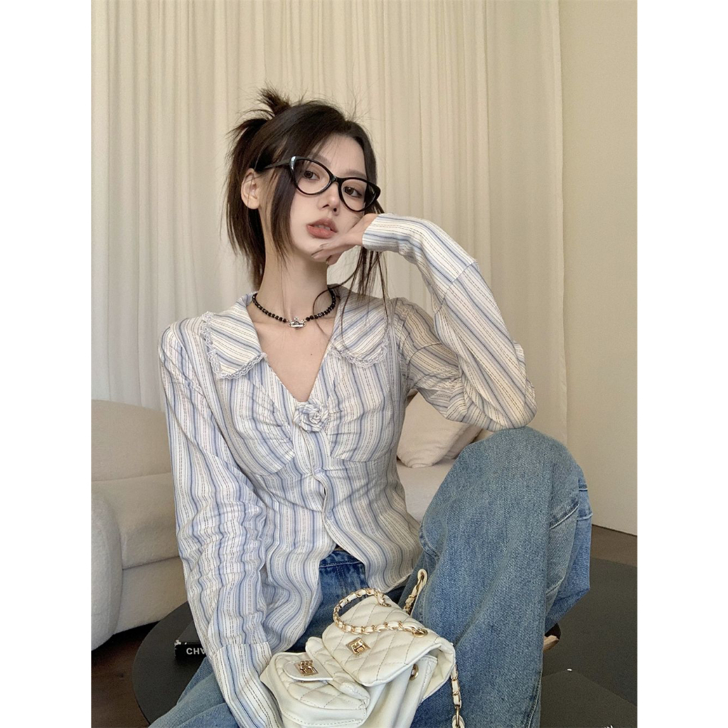 Lalisas Áo Sơ Mi Dài Tay Cổ Bẻ Họa Tiết Sọc Thời Trang Dành Cho Nữ