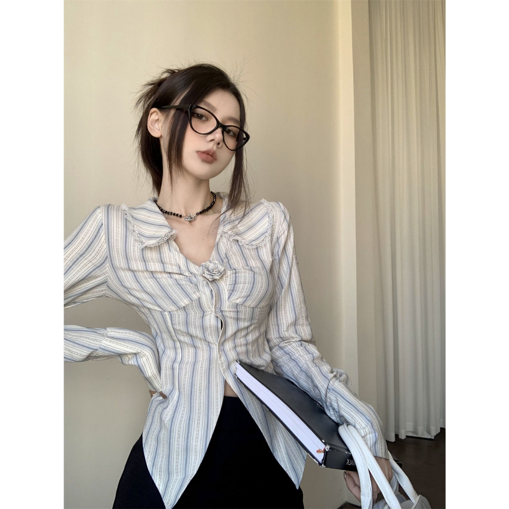 Lalisas Áo Sơ Mi Dài Tay Cổ Bẻ Họa Tiết Sọc Thời Trang Dành Cho Nữ
