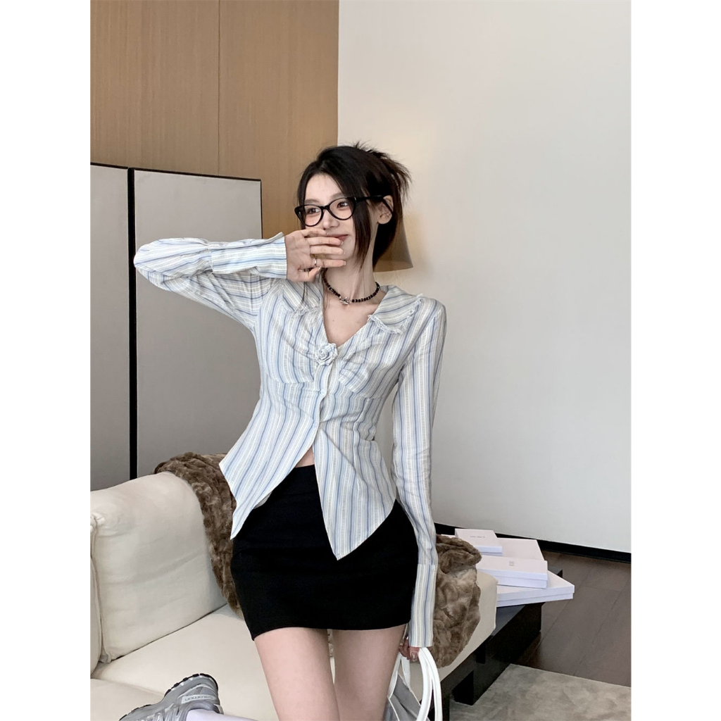 Lalisas Áo Sơ Mi Dài Tay Cổ Bẻ Họa Tiết Sọc Thời Trang Dành Cho Nữ