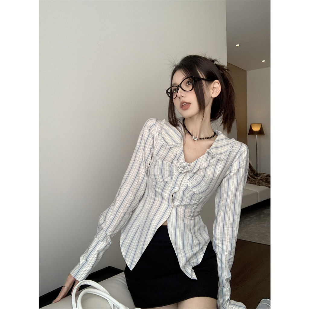 Lalisas Áo Sơ Mi Dài Tay Cổ Bẻ Họa Tiết Sọc Thời Trang Dành Cho Nữ