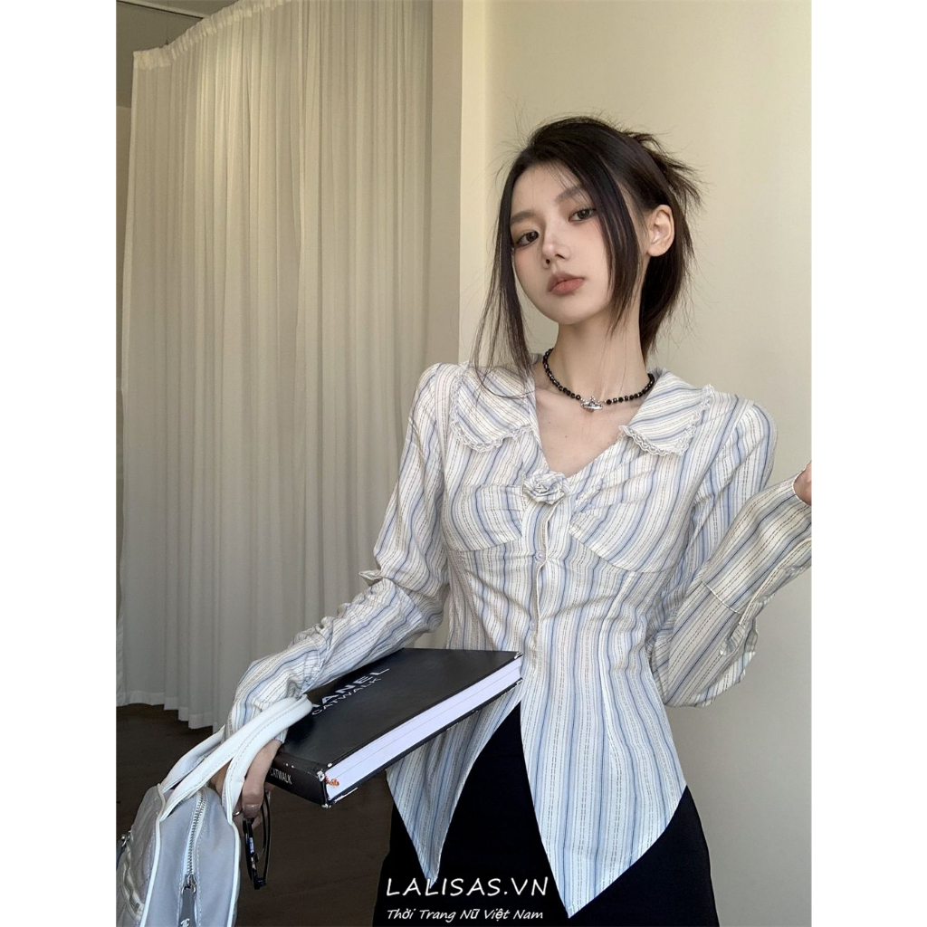 Lalisas Áo Sơ Mi Dài Tay Cổ Bẻ Họa Tiết Sọc Thời Trang Dành Cho Nữ