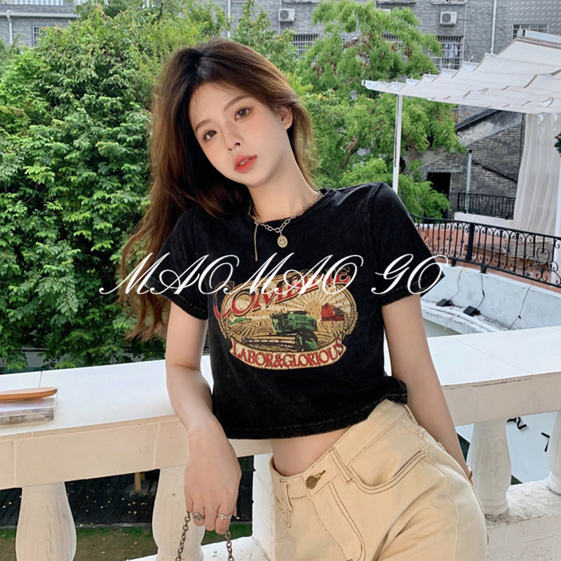 Maomao GO Pure Desire Áo Thun Tay Ngắn Hở Vai Dáng Ôm Màu Đen In Họa Tiết Thời Trang Cho Nữ
