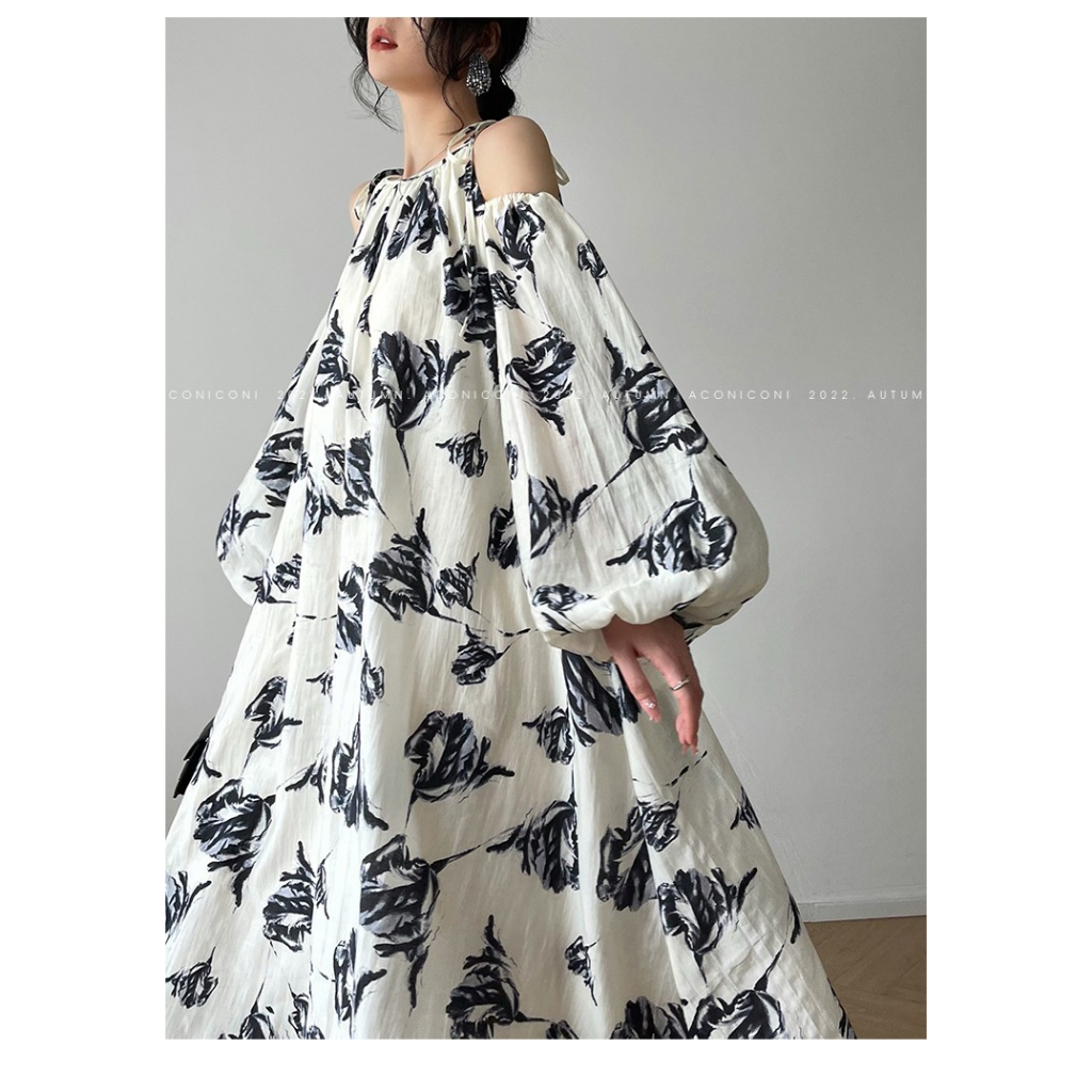 Đầm Dài Hai Dây In Họa Tiết Phong Cách Retro Pháp