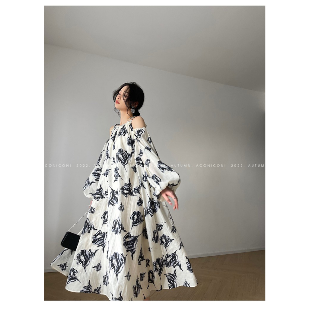 Đầm Dài Hai Dây In Họa Tiết Phong Cách Retro Pháp