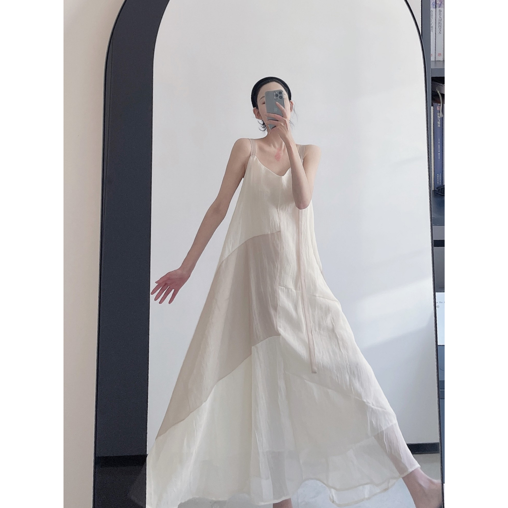 Đầm Hai Dây Dáng Dài Màu Sắc Tương Phản Phong Cách Retro Dành Cho Nữ