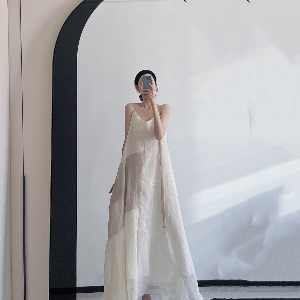 Đầm Hai Dây Dáng Dài Màu Sắc Tương Phản Phong Cách Retro Dành Cho Nữ