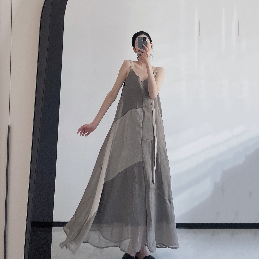 Đầm Hai Dây Dáng Dài Màu Sắc Tương Phản Phong Cách Retro Dành Cho Nữ