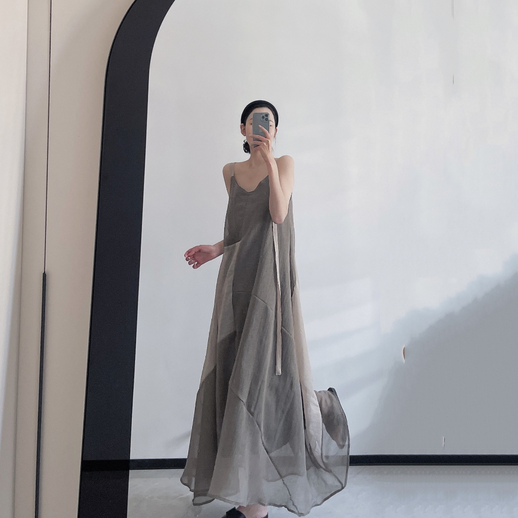 Đầm Hai Dây Dáng Dài Màu Sắc Tương Phản Phong Cách Retro Dành Cho Nữ