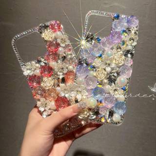 Ốp điện thoại Hoa Hồng Kim Cương Bling Cho iPhone 16 15 11 12 13 14 Pro Max 7 8 14Plus XS XR Pha Lê Sang Trọng Lấp Lánh DIY Handmade Chống Sốc Bảo Vệ Mặt Sau