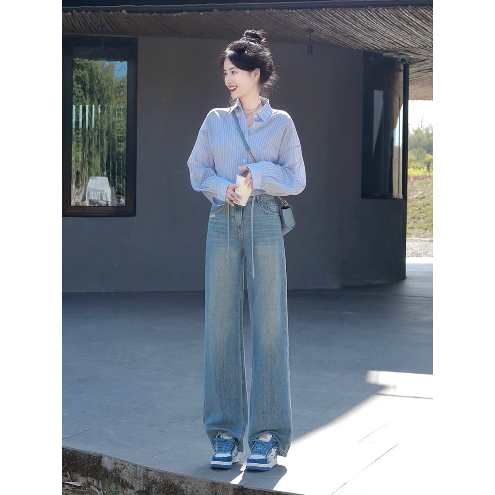 Bộ Áo Sơ Mi Kẻ Sọc + Quần Denim Ống Đứng Phong Cách Hàn Quốc Thời Trang Mùa Hè 2023 Mới Cho Nữ