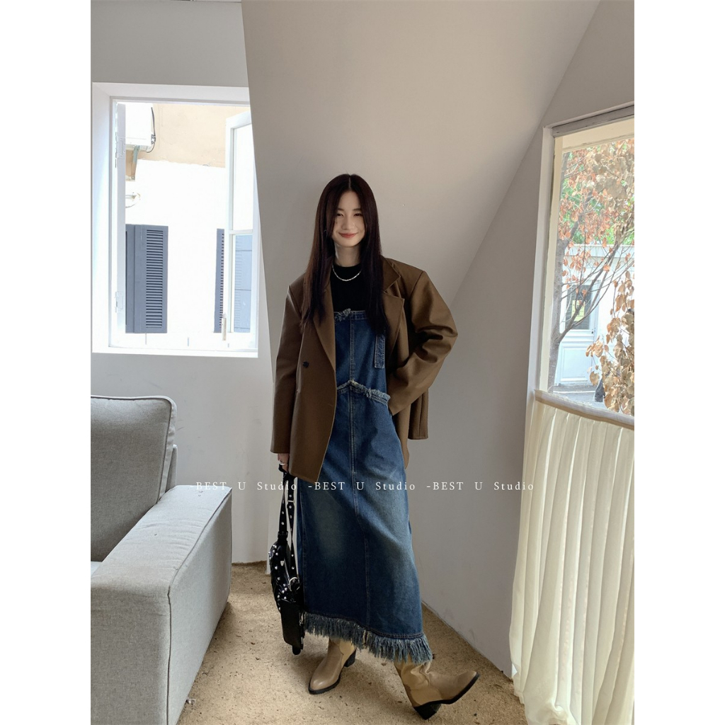 Hàng Mới Về Đầm Yếm Denim Dài Ôm Dáng Phong Cách Hong Kong Thời Trang Xuân Hè 2023 Mới Cho Nữ