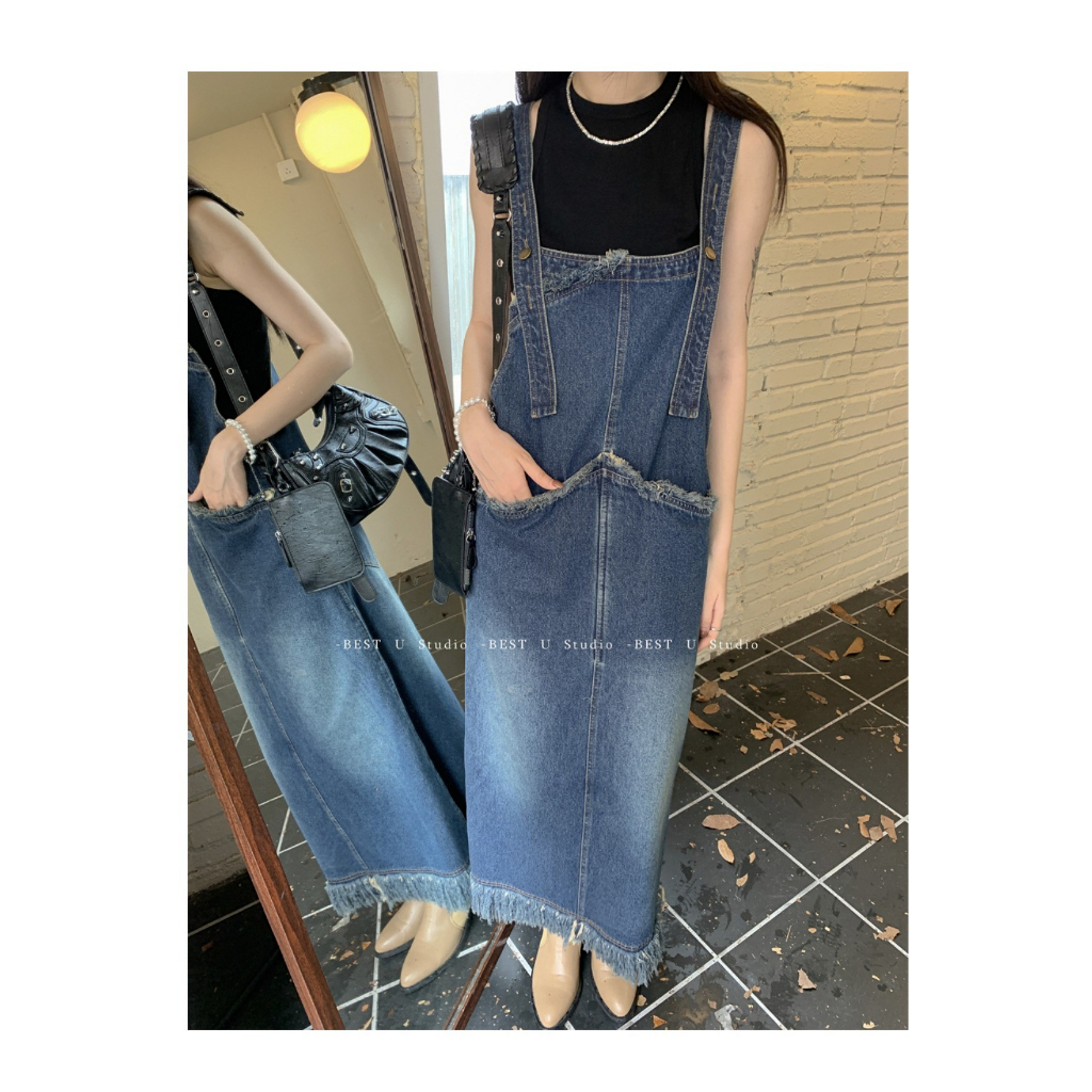 Hàng Mới Về Đầm Yếm Denim Dài Ôm Dáng Phong Cách Hong Kong Thời Trang Xuân Hè 2023 Mới Cho Nữ