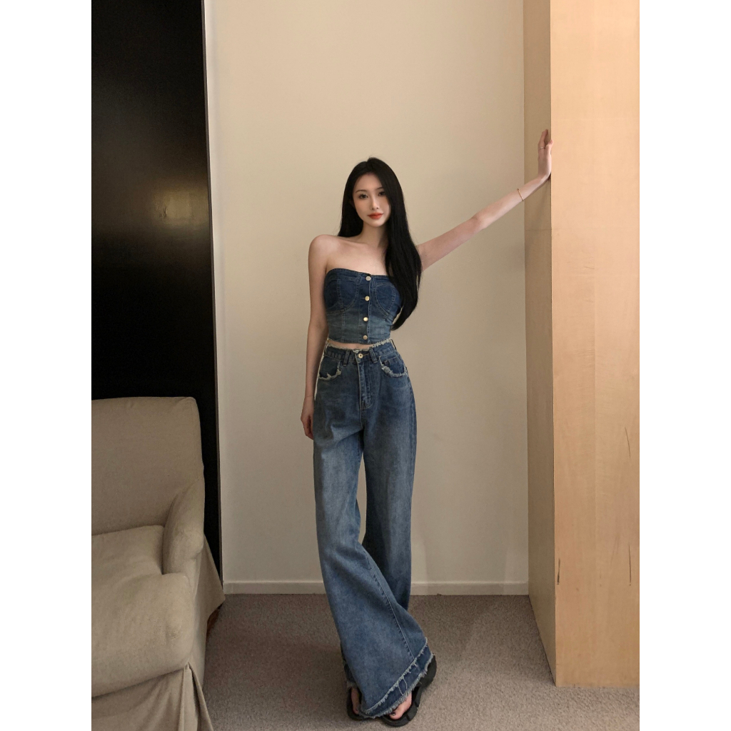 【COLORBLLIND】Bộ Áo Ống Denim Mỹ + Quần Jean Dài Ống Rộng Lưng Cao Phối Tua Rua Cá Tính