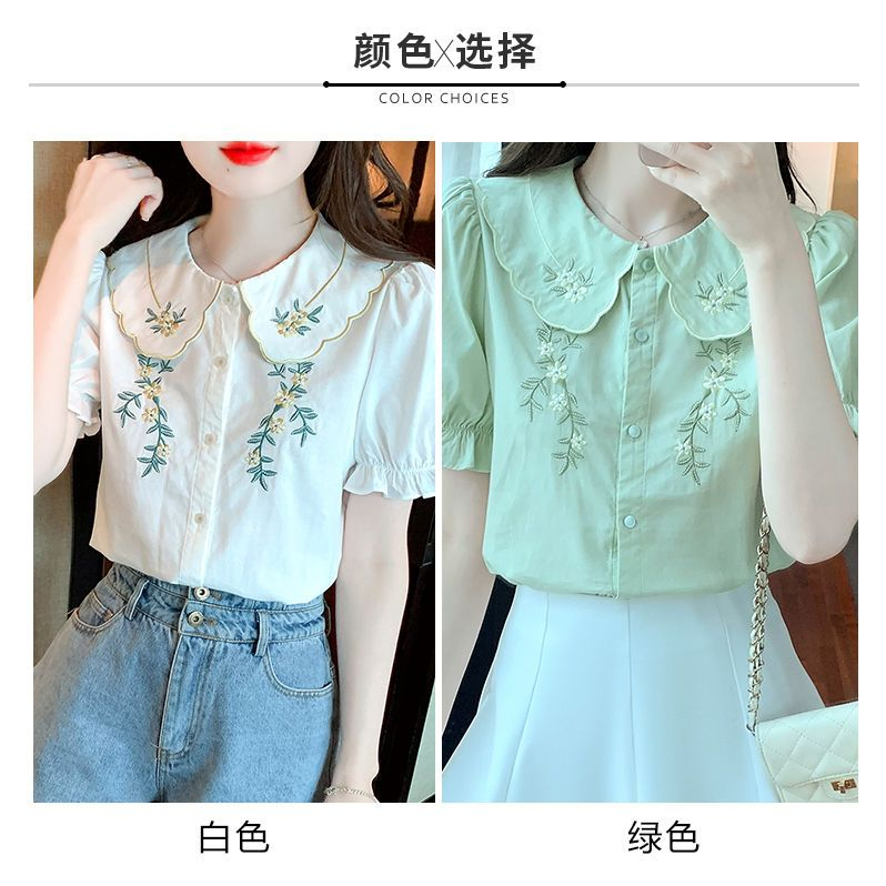 Áo Sơ Mi Ngắn Tay Cổ Búp Bê Thêu Họa Tiết Thời Trang Mùa Hè Cho Nữ