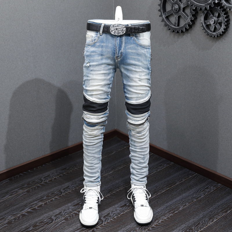 Amiri Streetwear Fashion Men Jeans Retro Blue Elastic Slim Fit Ripped Jeans Men Spliced Designer Hip Hop Denim Biker Pants