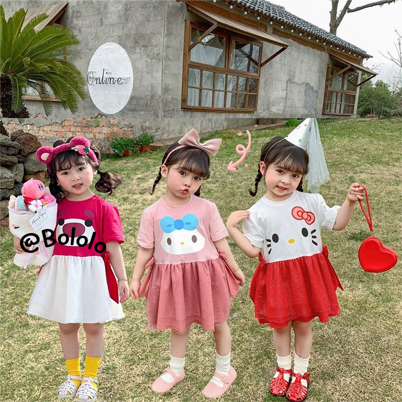 Bololo Đầm Công Chúa Mùa Hè Tay Cộc Phối Lưới In Họa Tiết Hoạt Hình Thắt Nơ Cho Bé Gái